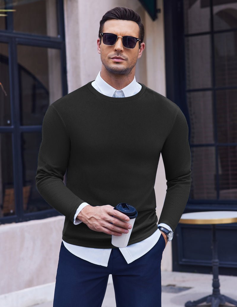 Herren Longsleeve Waffelstrickshirt in Olivgrün, enges Crewneck und gerippter Saum