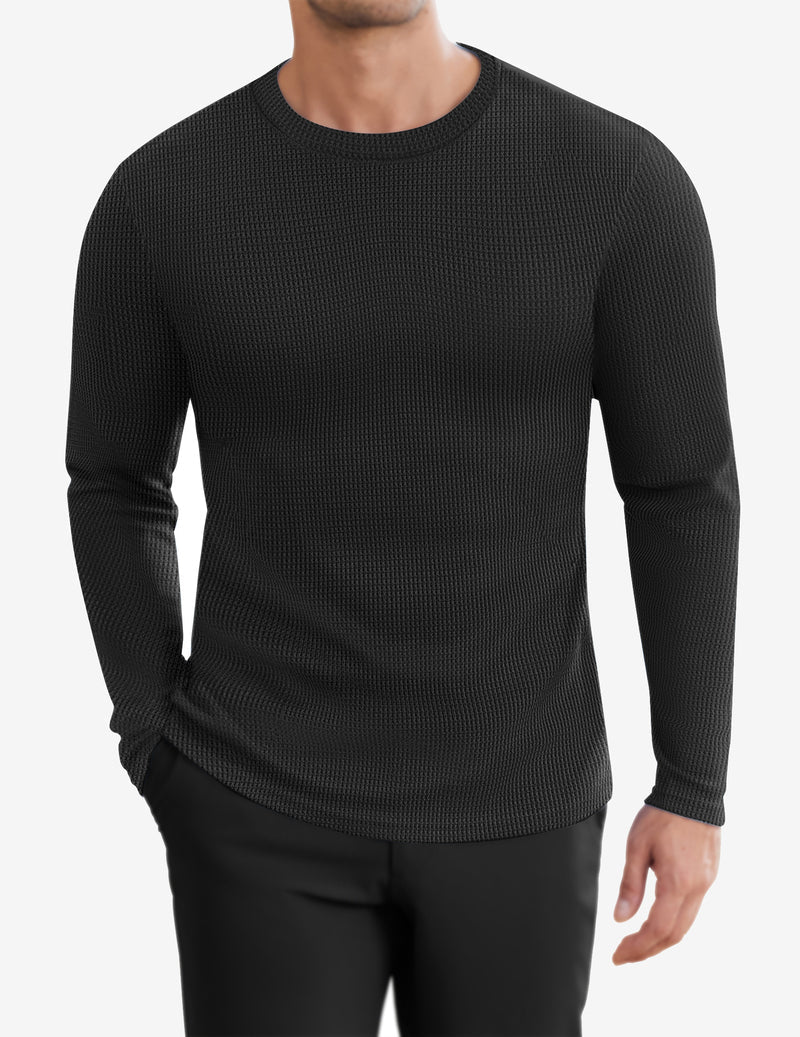 Schwarzes Herren Longsleeve Waffelstrickshirt mit Rundhalsausschnitt und gerippten Ärmeln