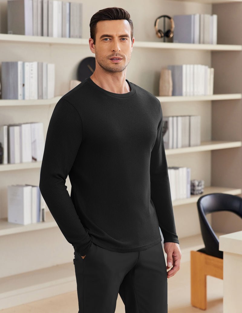 Herren Longsleeve Waffelstrickshirt, schwarz, Rundhals und gerippte Bündchen
