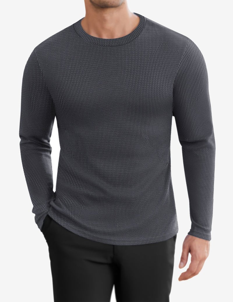 Dunkelgraues Herren Longsleeve Waffelstrickshirt, Rundhals mit geripptem Abschluss
