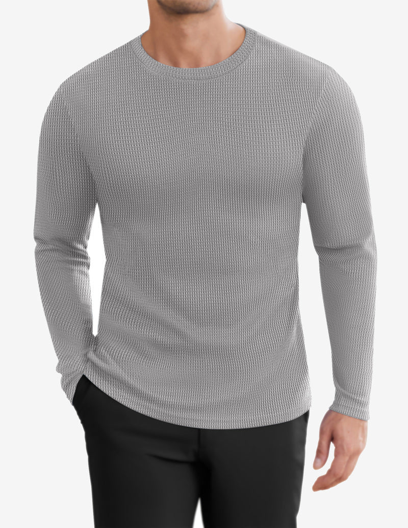 Men's waffle knit long-sleeve crewneck shirt, Light Grey