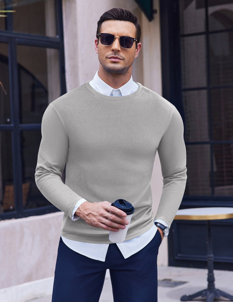 Men's waffle knit long-sleeve crewneck shirt, Khaki