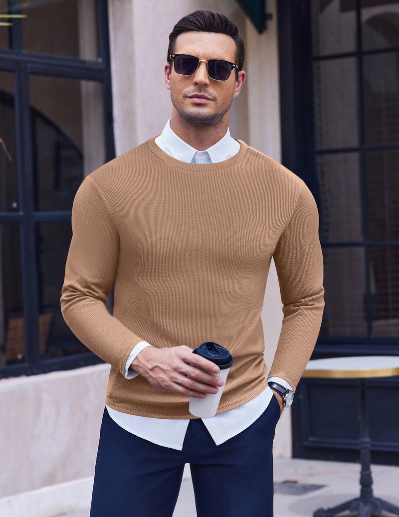 Khaki Herren Longsleeve Waffelstrickshirt, Rundhalsausschnitt und gerippter Saum