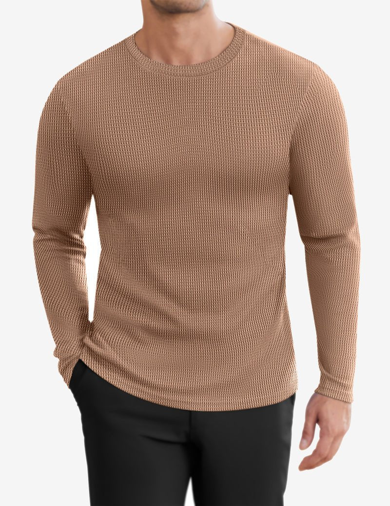 Khaki-braunes Herren Longsleeve Waffelstrickshirt mit Rundhalsausschnitt