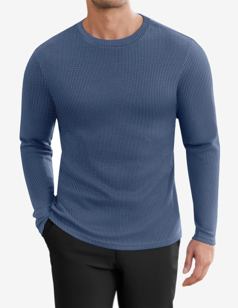 Men's waffle knit long-sleeve crewneck shirt, Lake Blue