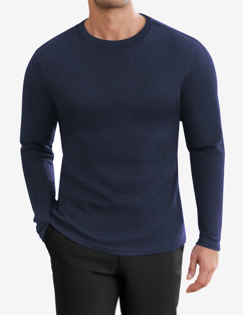 Men's waffle knit long-sleeve crewneck shirt, Navy Blue