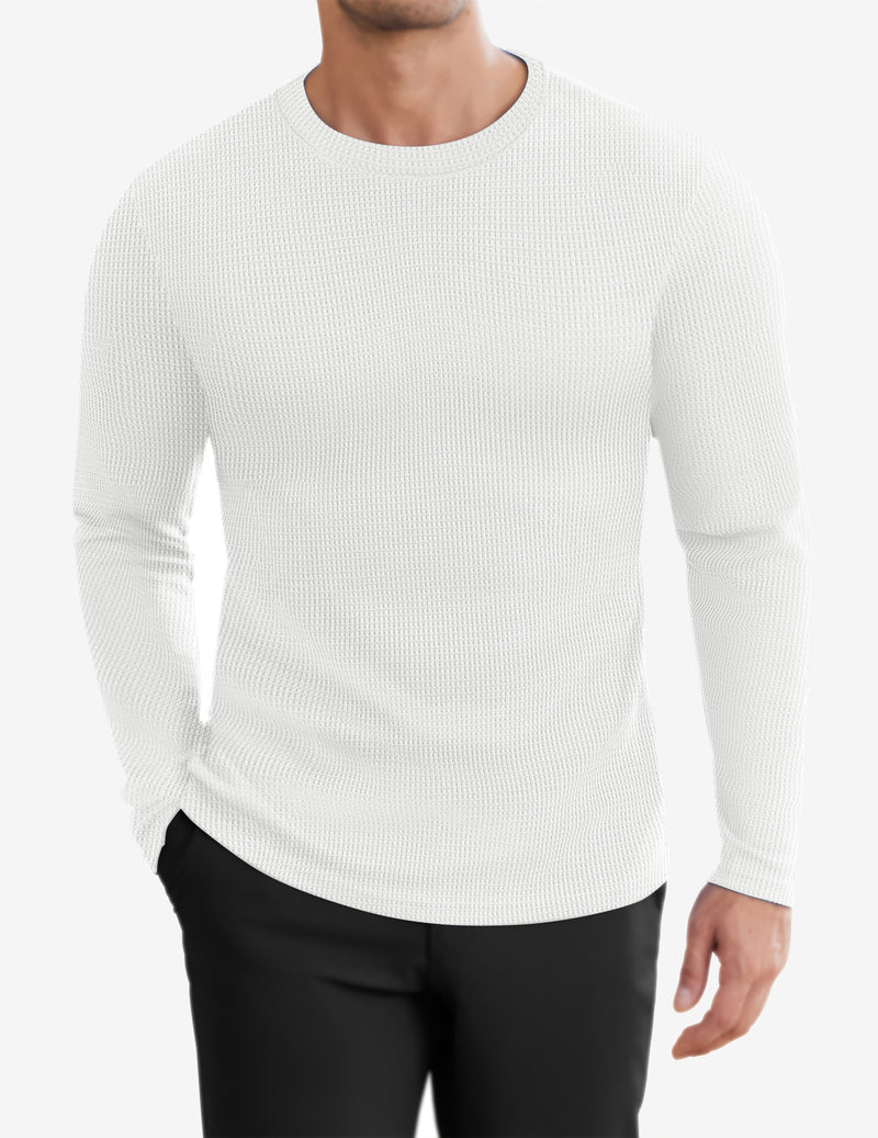 Men's waffle knit long-sleeve crewneck shirt, White