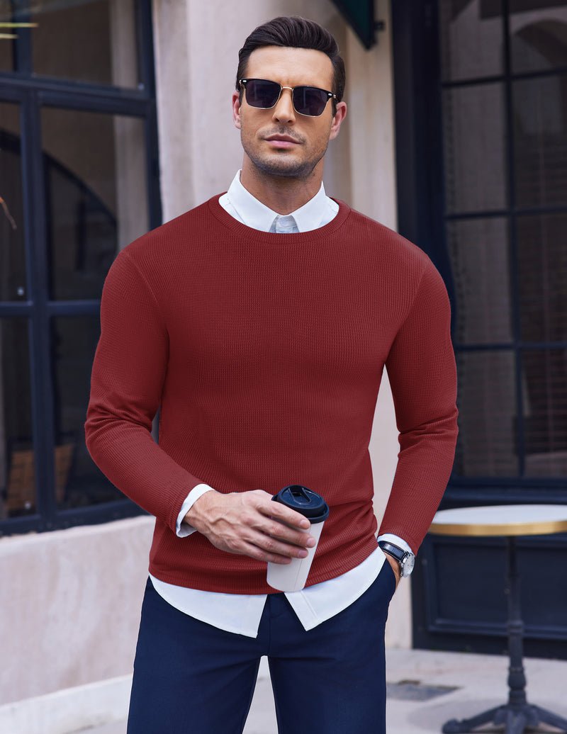 Weinrotes Herren Waffelstrick-Longsleeve, Rundhals und strukturierter Waffelstrick