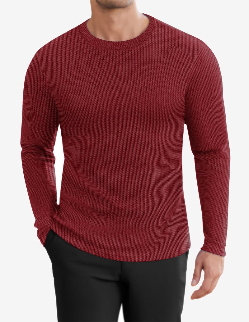 Weinrotes Herren Longsleeve Waffelstrickshirt mit Rundhalsausschnitt und Rippkanten