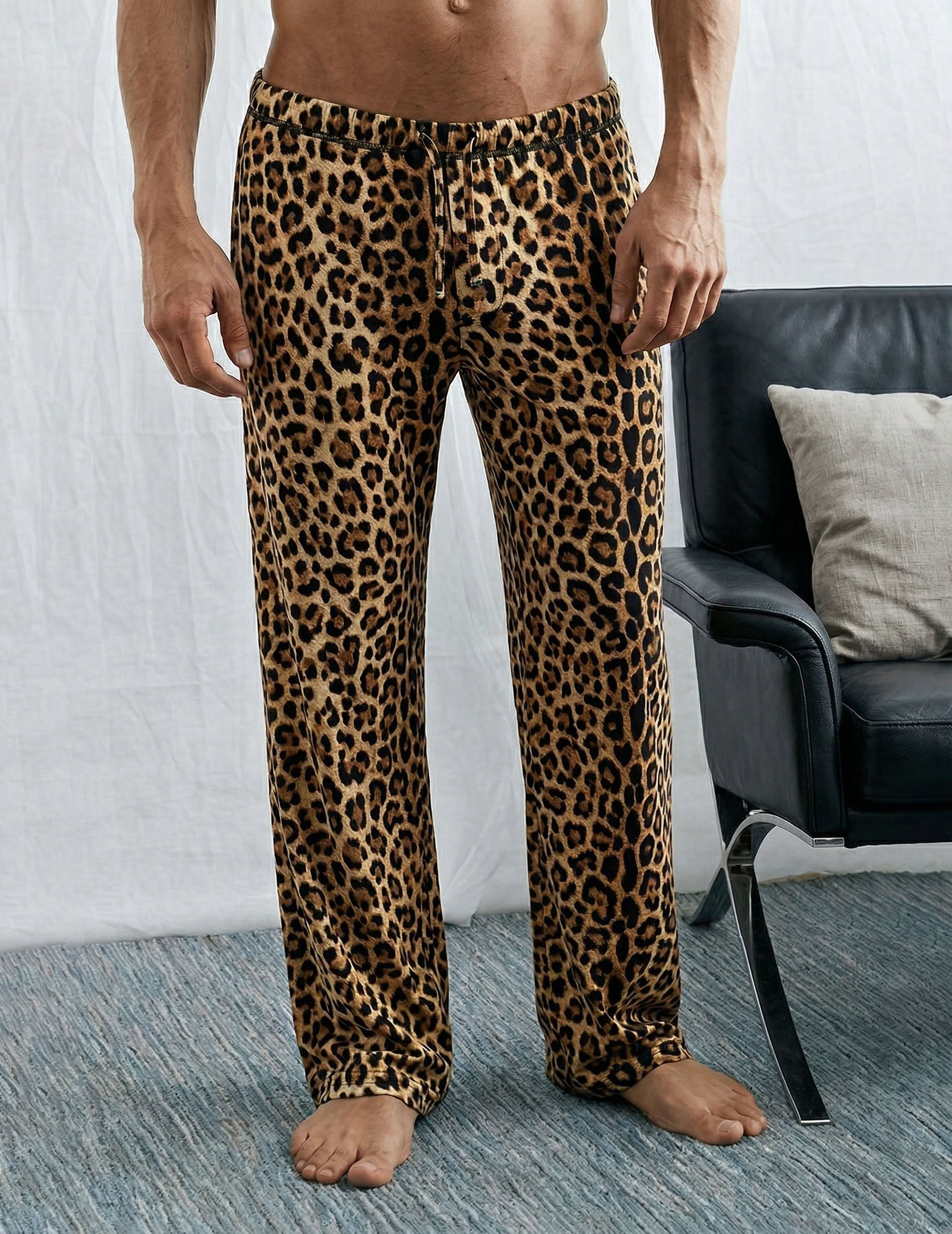 Men's lounge pants, leopard print, drawstring waist, tapered legs.