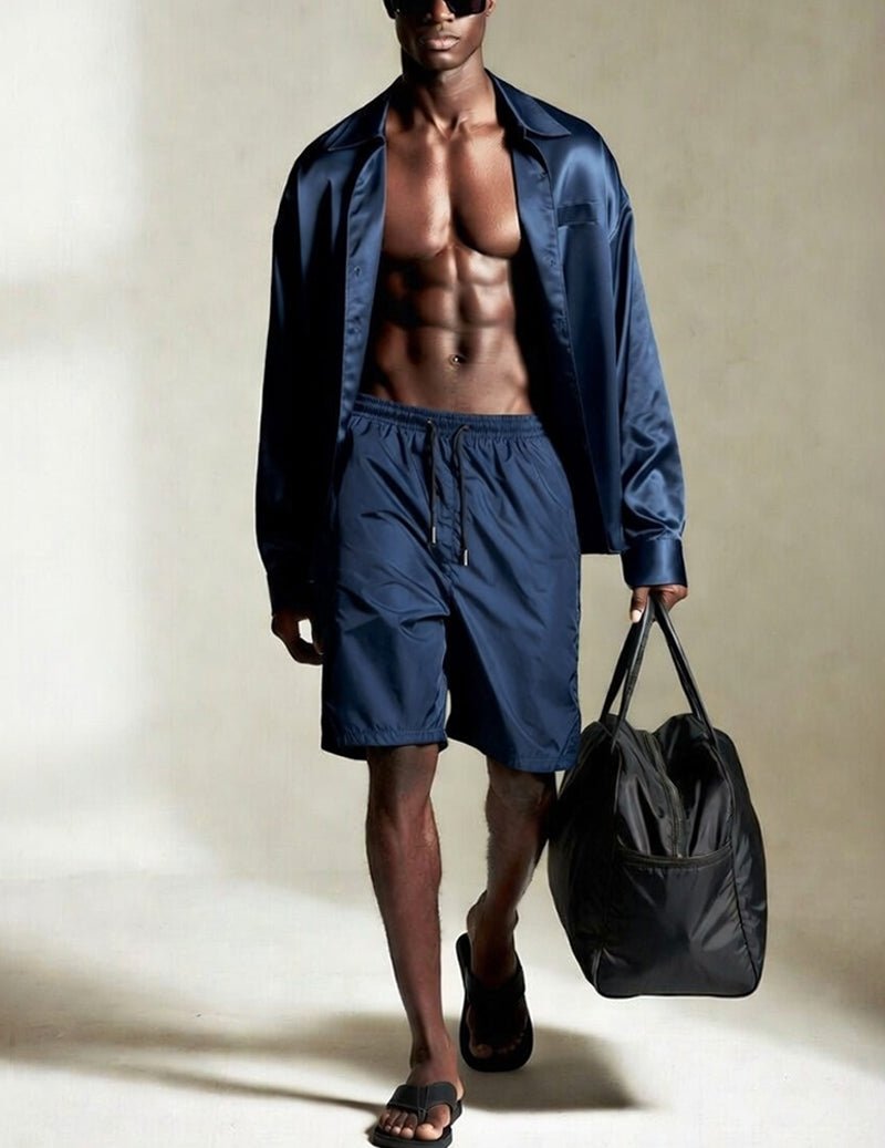 Men's loungewear shirt and drawstring shorts set in navy blue, drawstring shorts with pockets