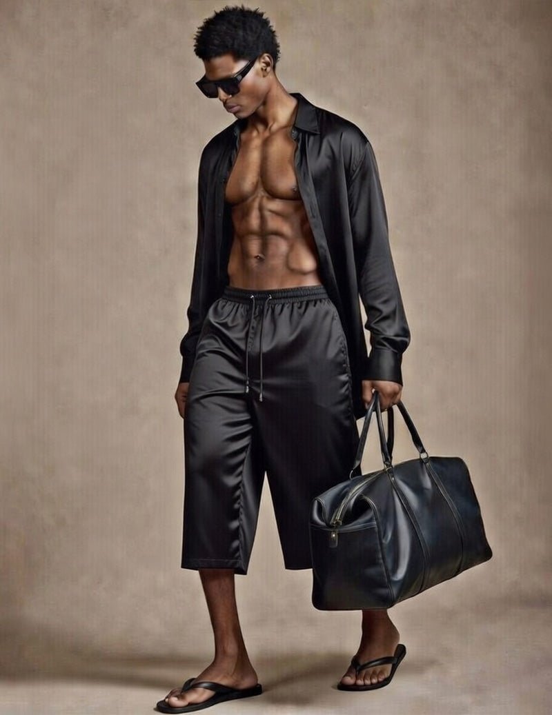 Men's loungewear shirt and shorts set in dark satin-look, open-collar shirt with drawstring shorts