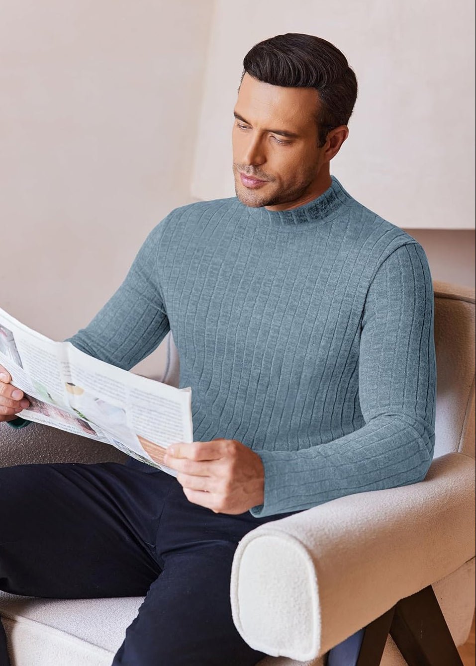 Men's mock turtleneck long-sleeve shirt, light blue ribbed knit detail.