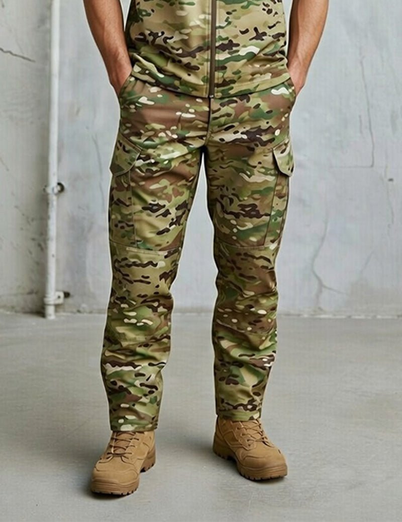 Camouflage cargo pants detail with cargo pockets and tan work boots