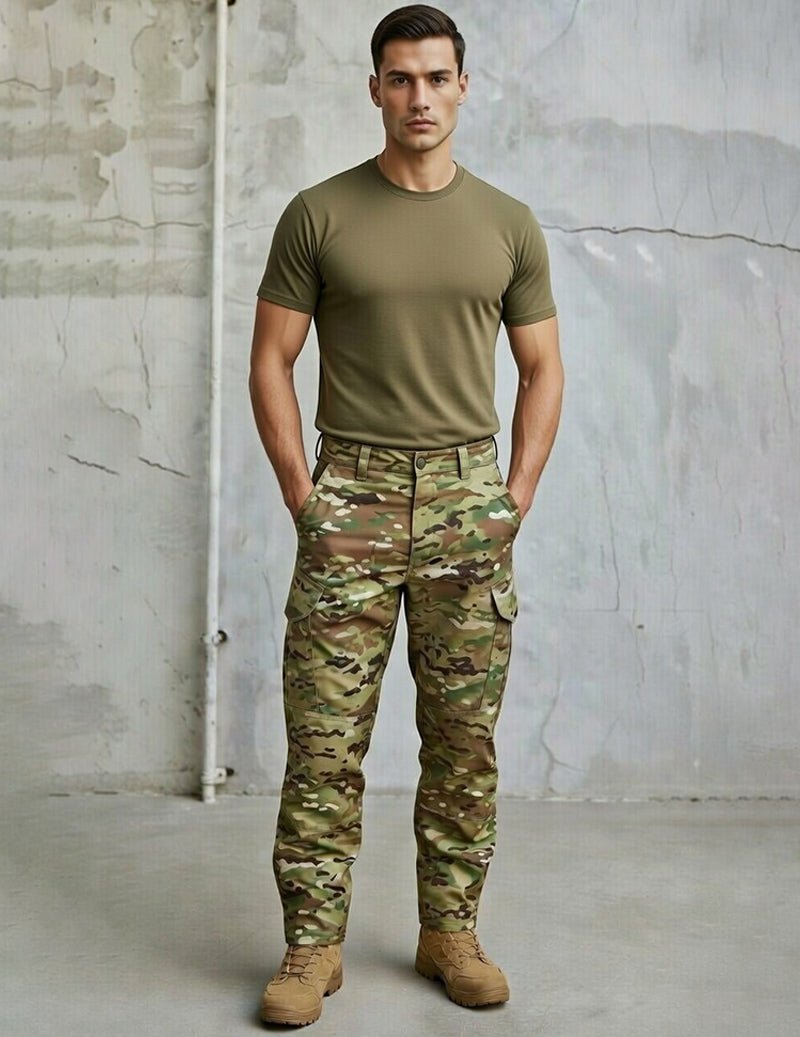 Men’s olive green tee with camouflage cargo pants, tactical set