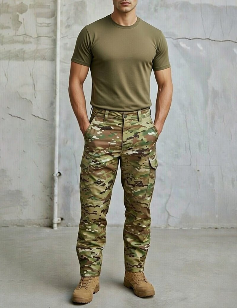 Olive green t-shirt and camouflage cargo pants with utility pockets