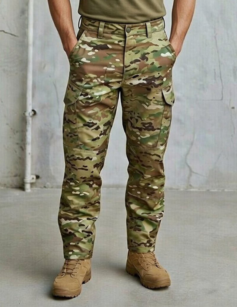 Camouflage cargo pants with belt loops, button fly, and side utility pockets