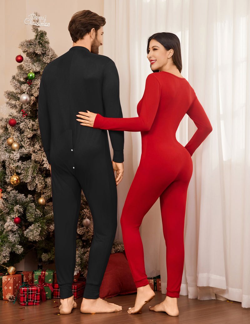 Black thermal union suit for men, button placket on the back, full-length legs