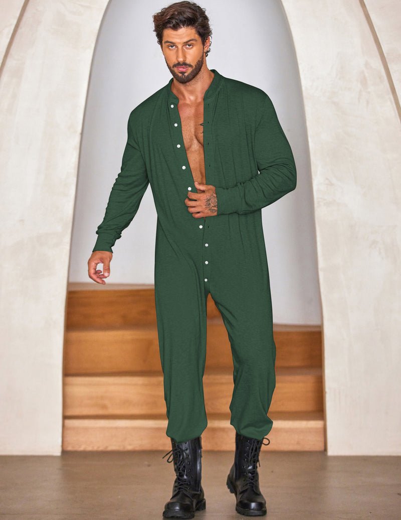 Green thermal one-piece union suit, full button front, long sleeves and pant legs