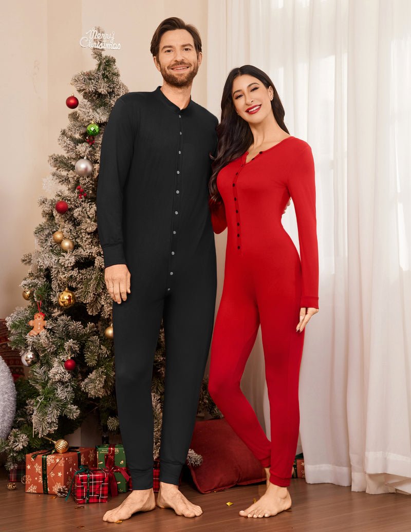 Black thermal button-front union suit, long sleeves and full-length legs