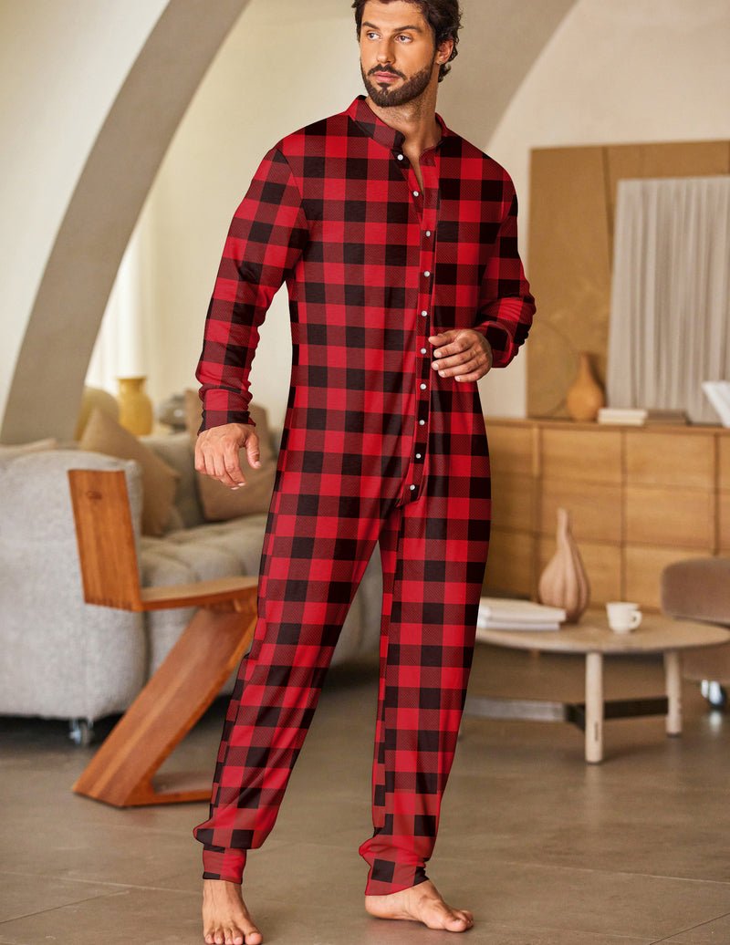 Rot-schwarzer Karomuster Herren-Overall Pyjama mit Knopfverschluss, langärmlig