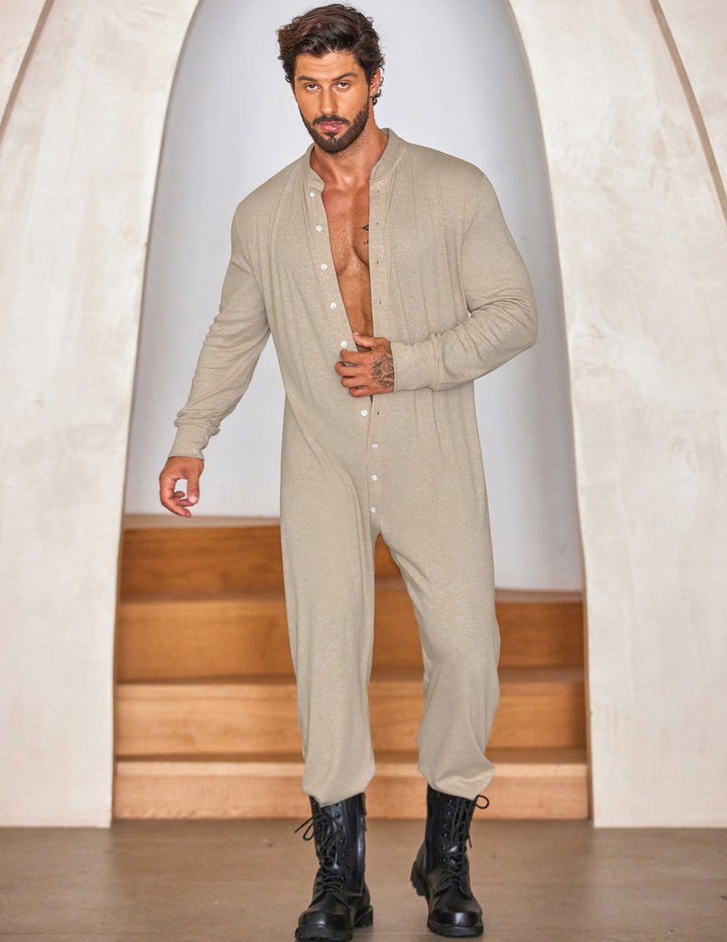 Ekouaer men's union suit in oatmeal beige, full-button placket, long sleeves and cuffs