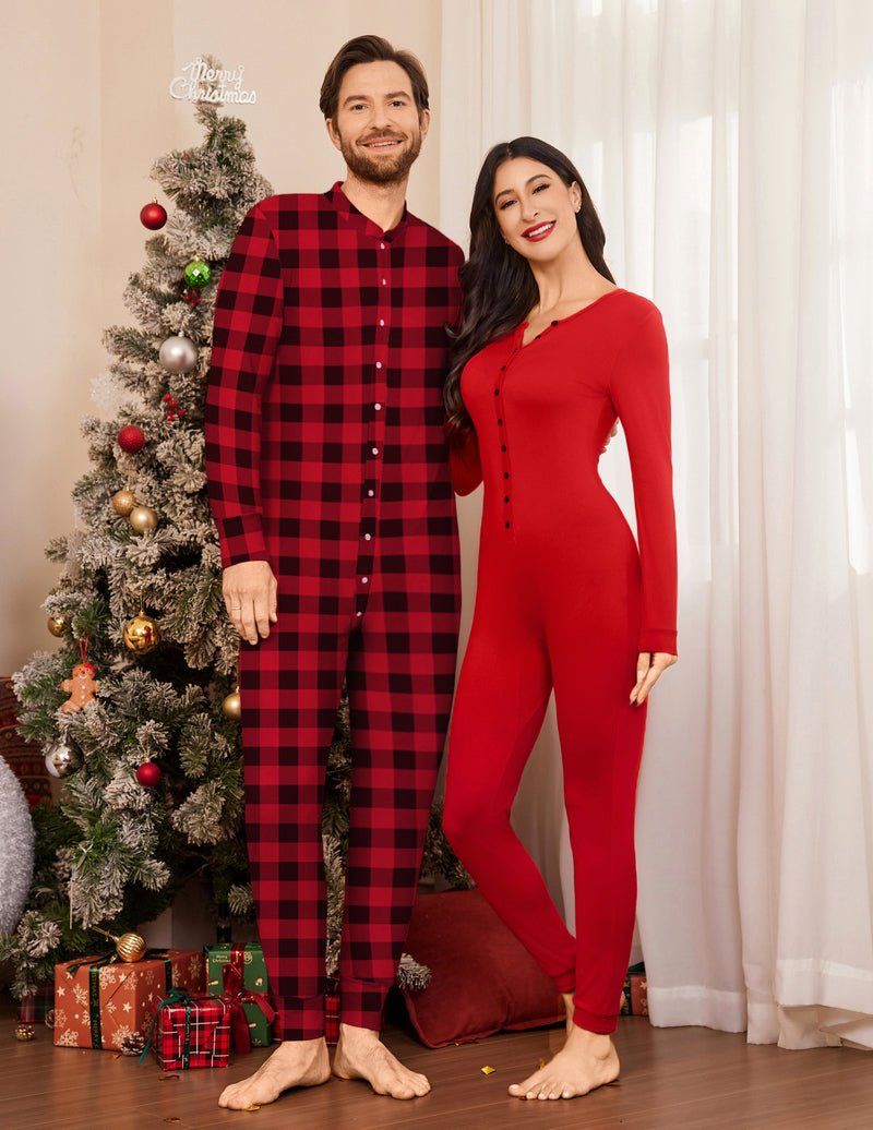 Rot-schwarzer Karierter Herren-Overall Pyjama mit Knopfleiste, langem Bein und Bündchen
