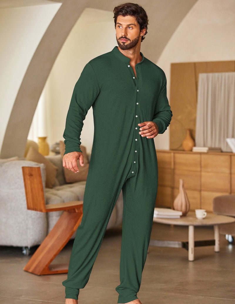 Men’s green thermal union suit, full button placket, long sleeves and ankle cuffs