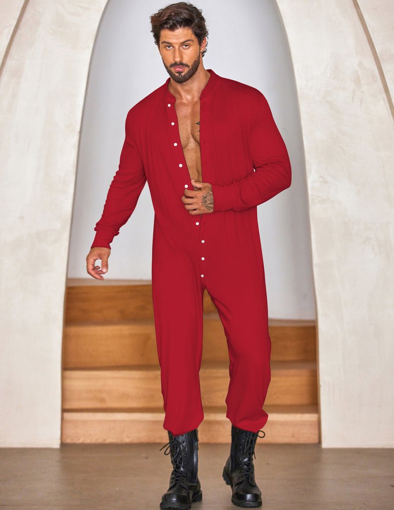 Men’s thermal one-piece union suit, full button front, red long sleeves and legs