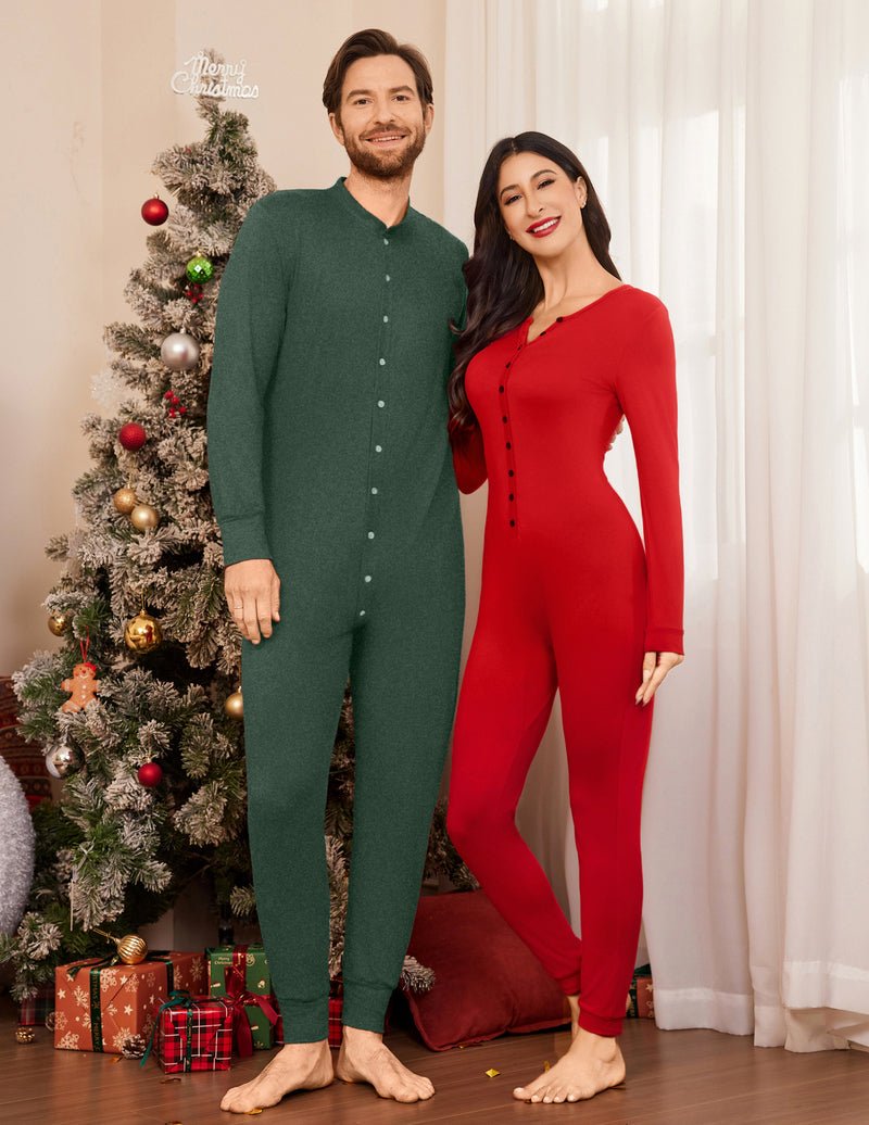 Green thermal one-piece union suit, button-front long sleeves and full-length legs