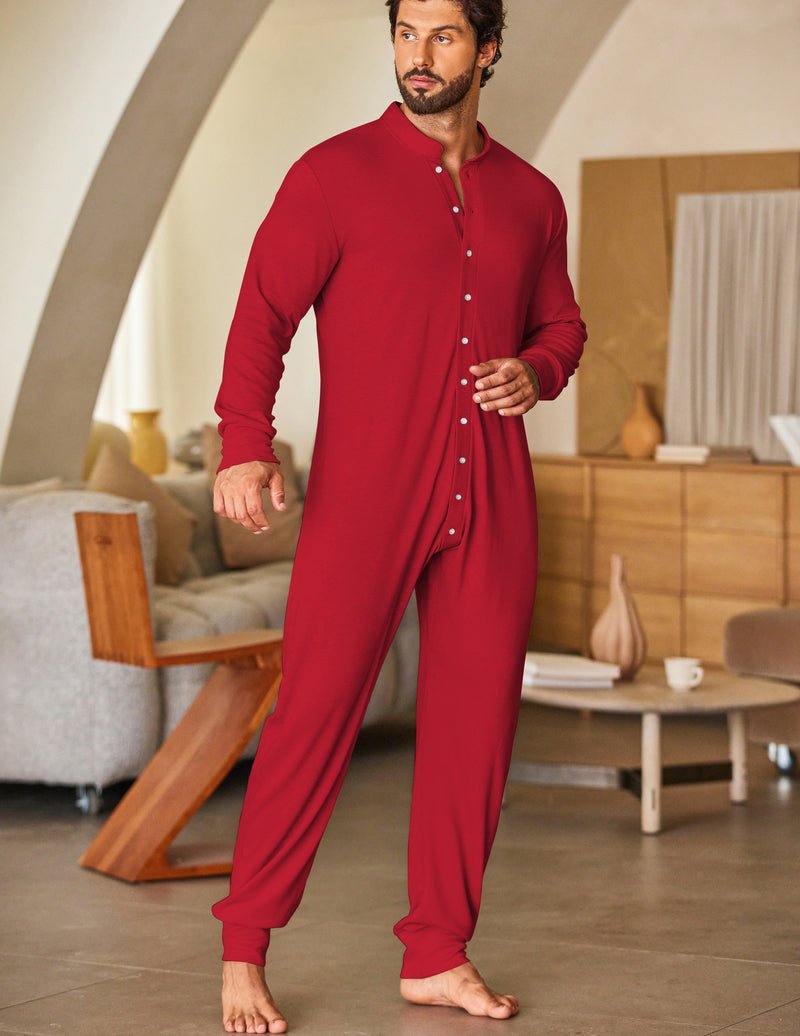Men’s thermal union suit with full buttons, red long sleeves and tapered pant legs