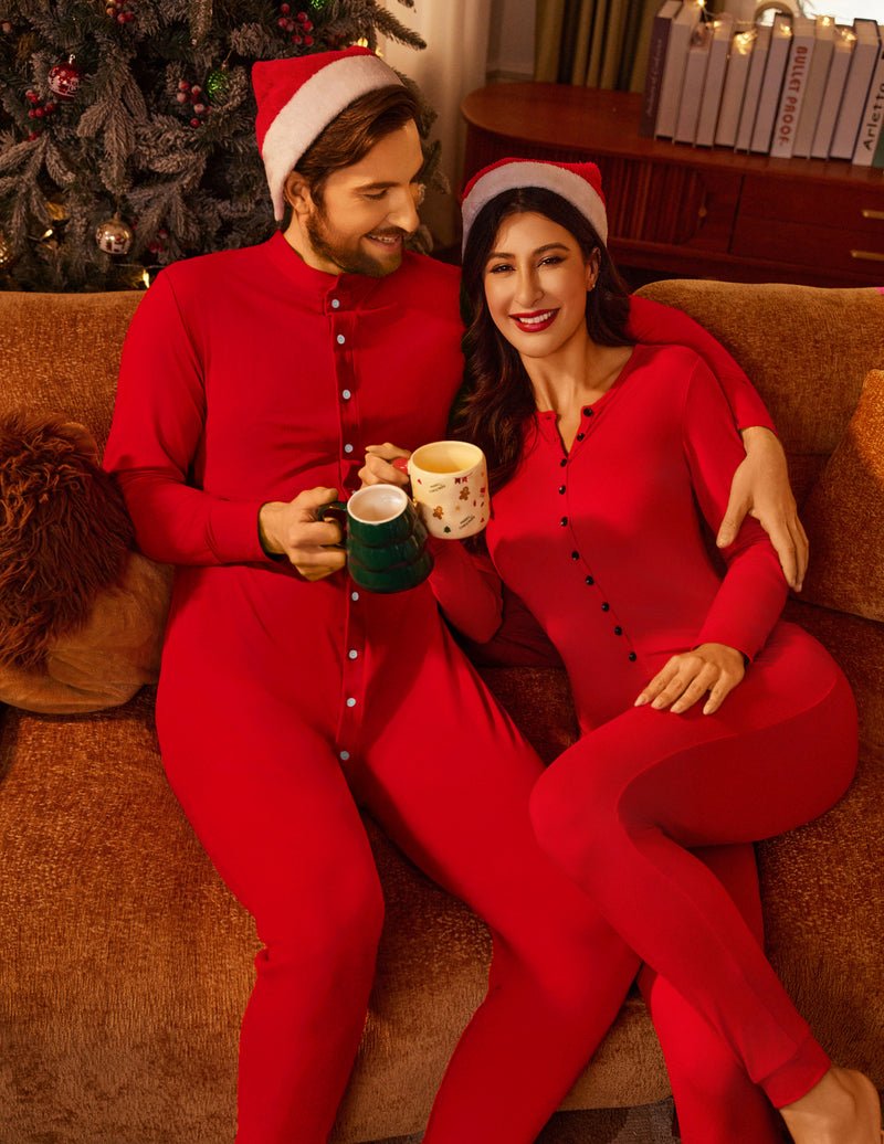 Red thermal button-front union suit for men, long sleeves and full-length legs
