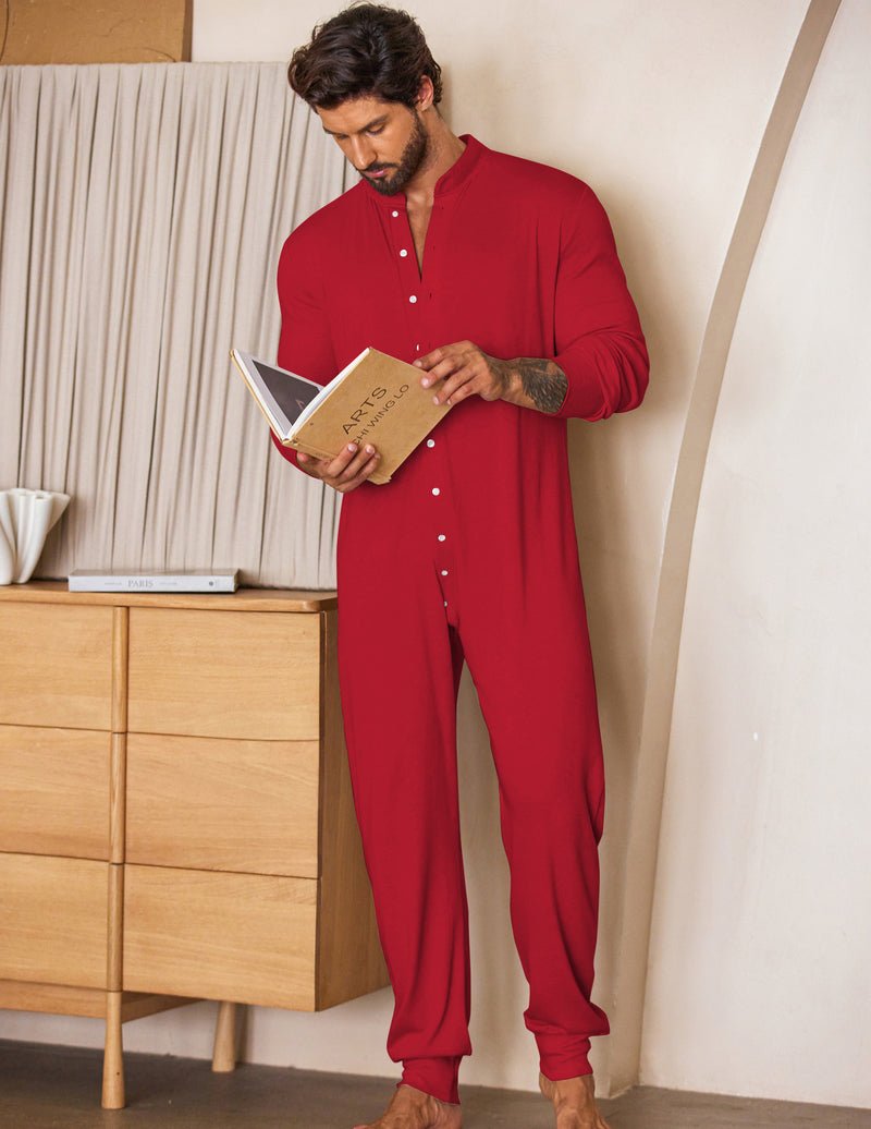 Red thermal union suit with button placket, long sleeves and ankle cuffs