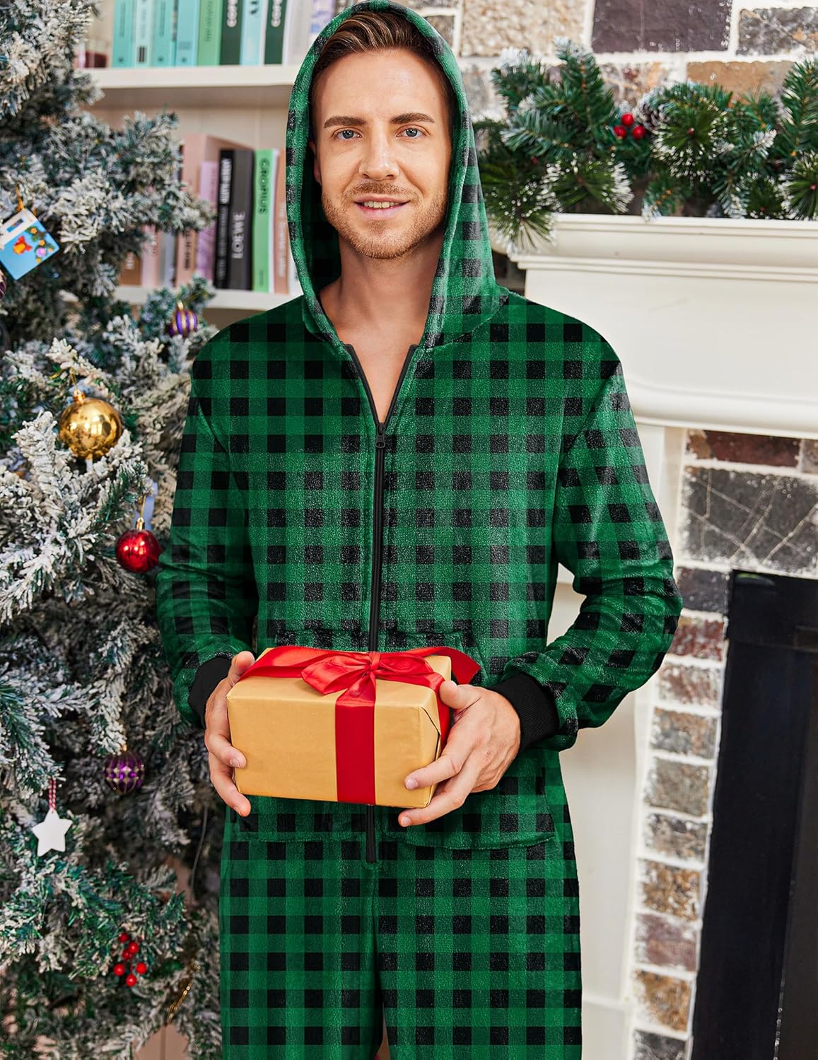 Ekouaer Herren Onesie mit Kapuze, grünes Karomuster, Reißverschlussfront