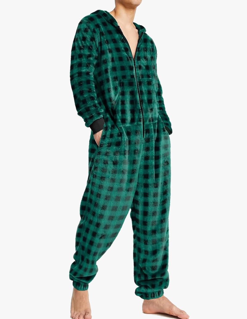 Herren Fleece-Onesie mit Kapuze, grünes Karomuster, durchgehender Reißverschluss
