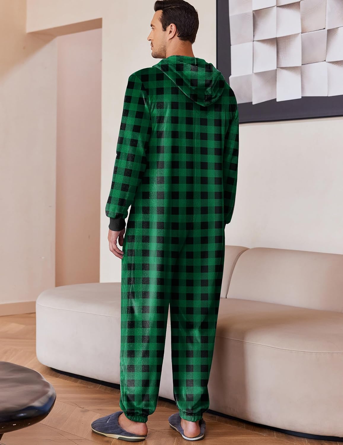 Herren Fleece-Onesie mit Kapuze, grünes Karomuster, Rückansicht