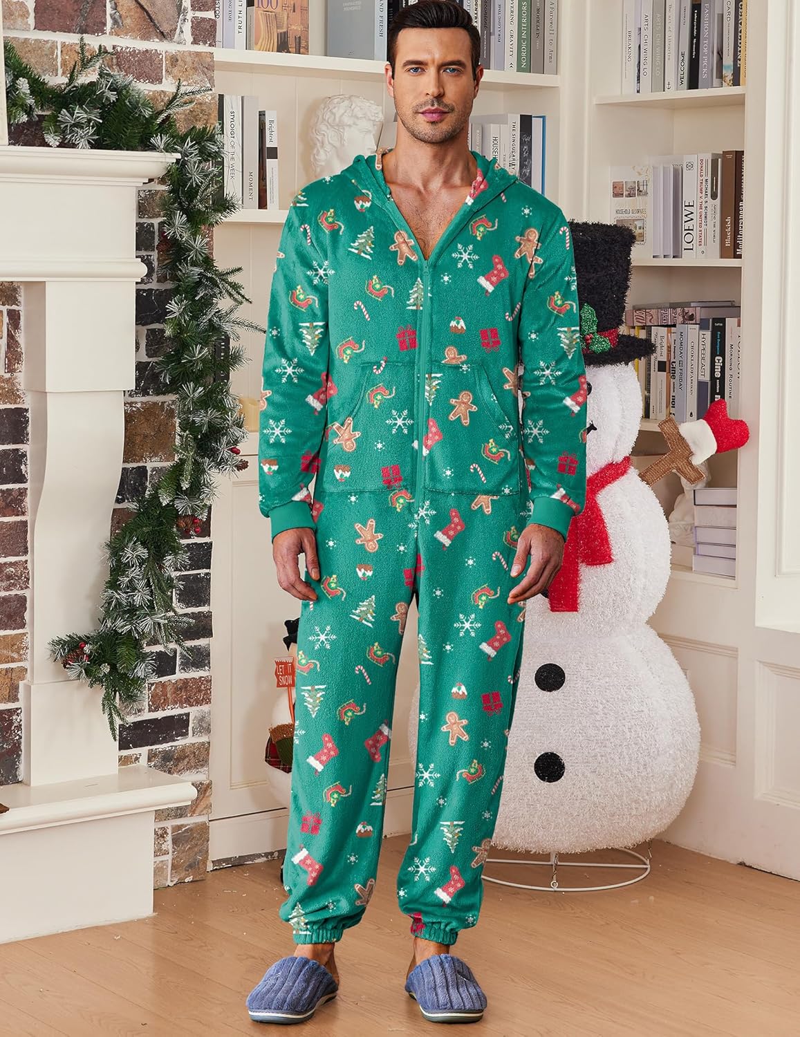 Green hooded fleece onesie pajama with full-zip, festive candy-cane pattern