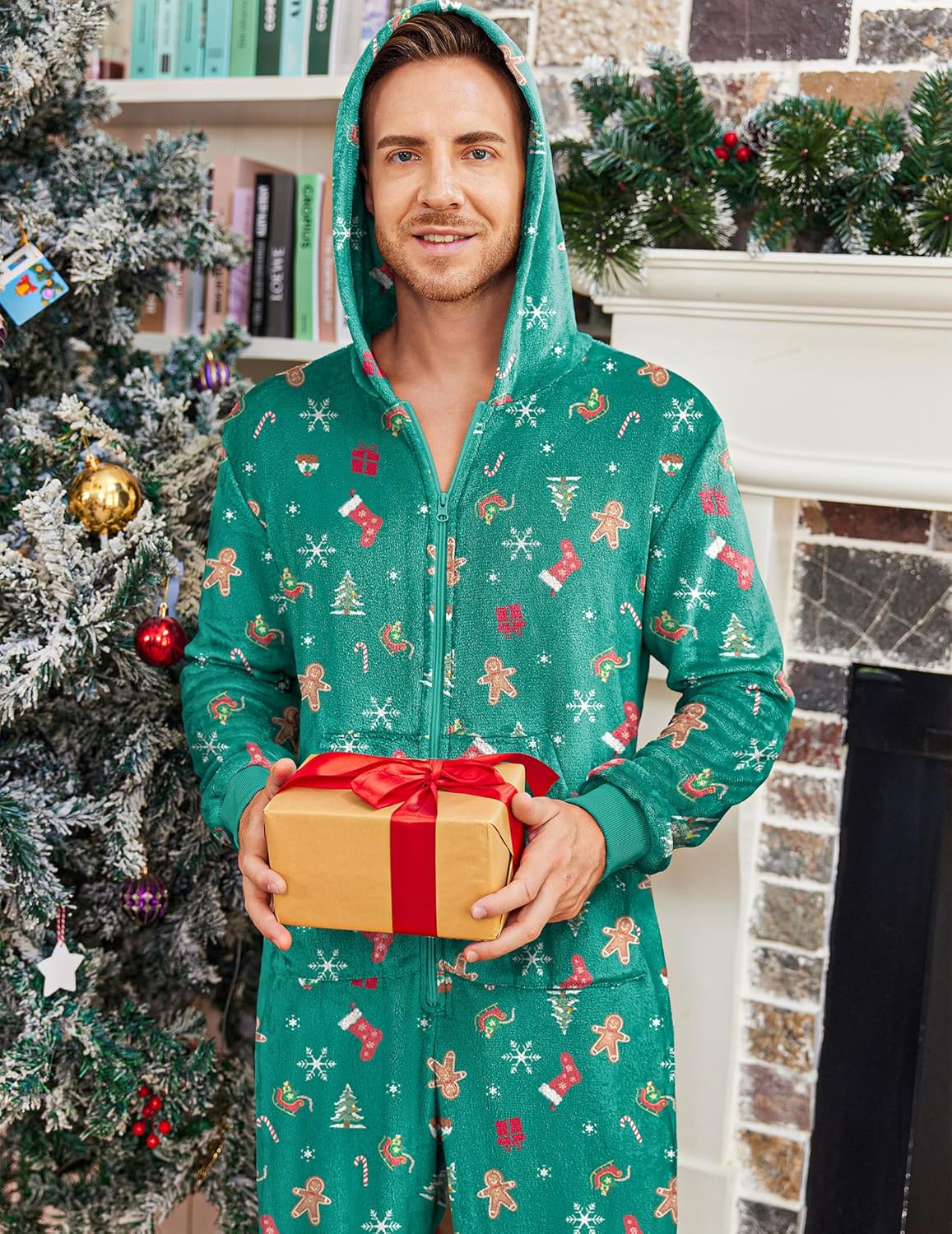 Green hooded fleece onesie pajama, full-zip, gingerbread and snowflake pattern