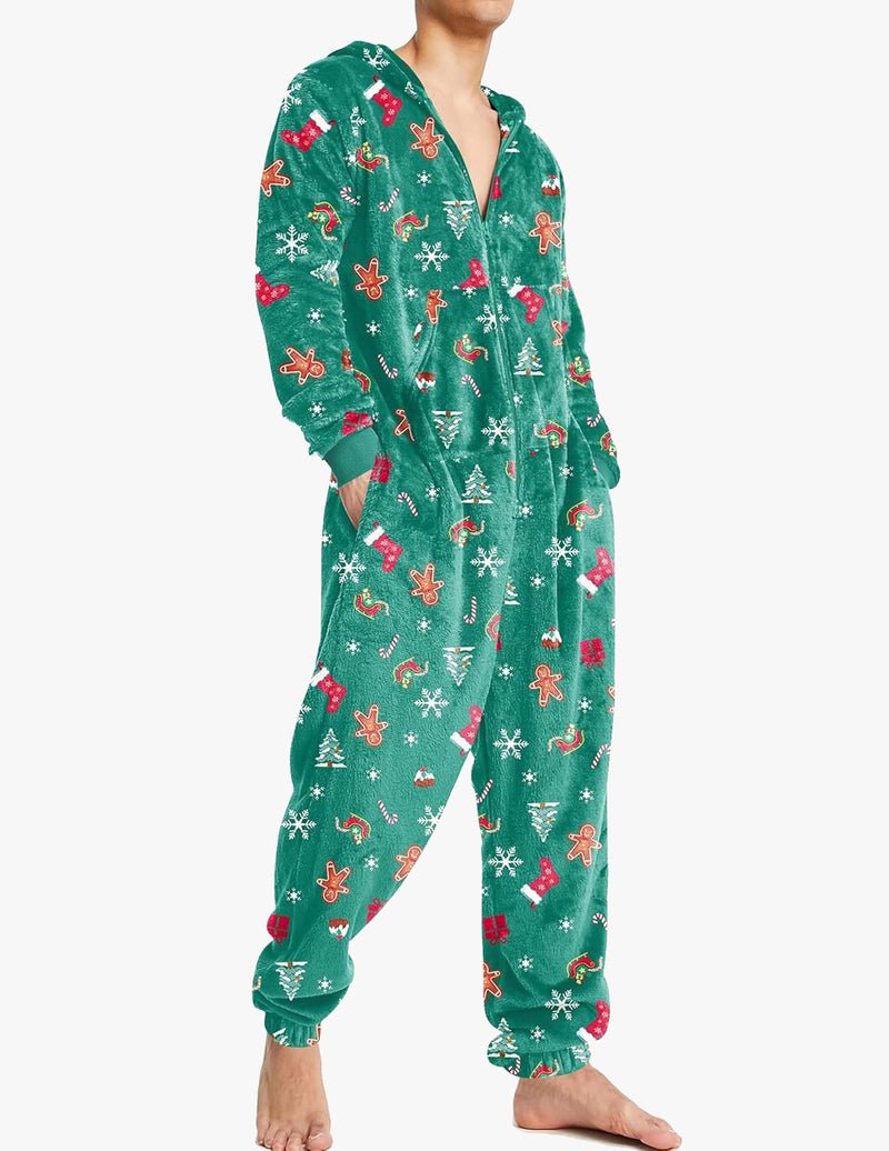Green fleece onesie pajama, hooded full-zip, snowflake & gingerbread print