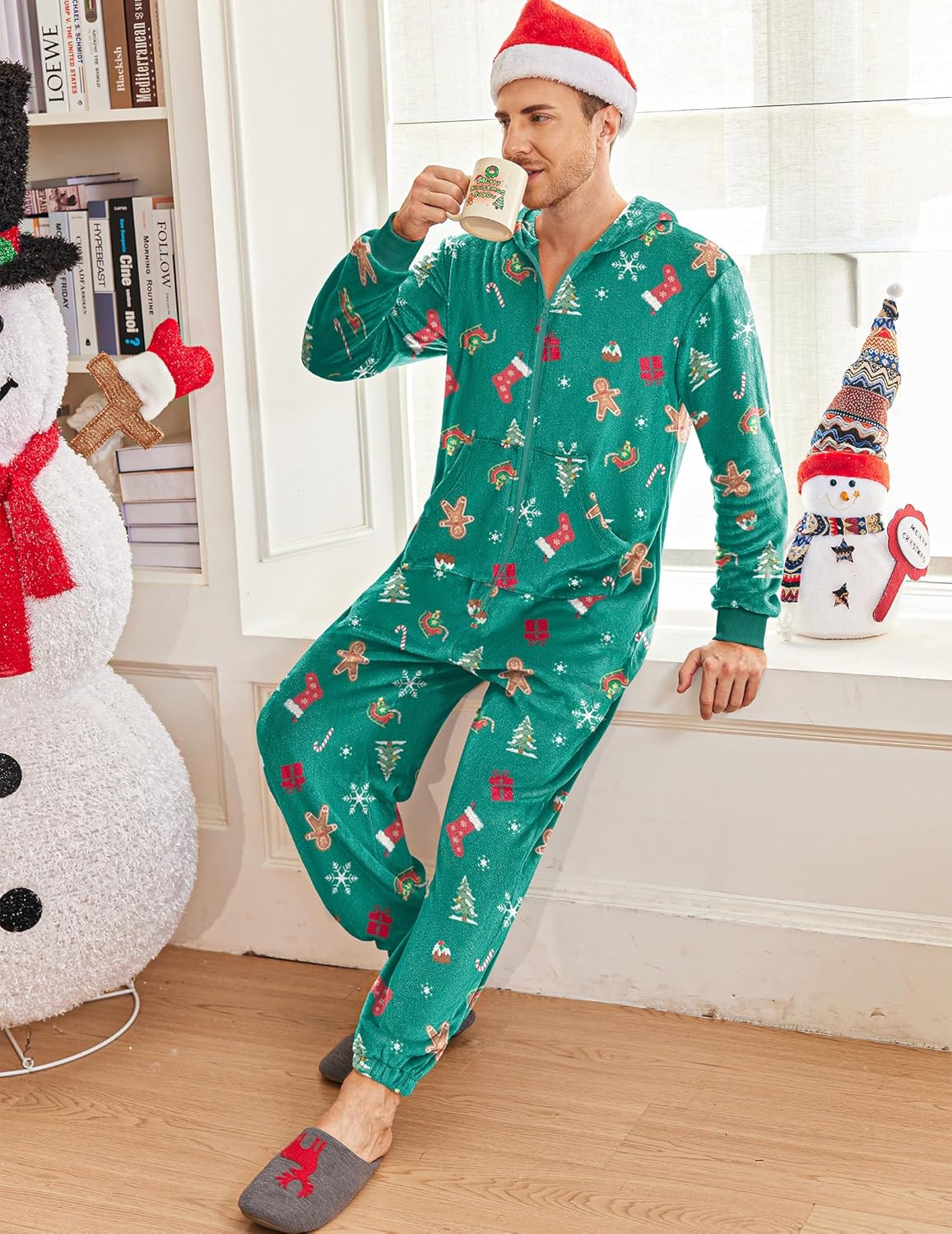 Green fleece onesie pajama with hood and full-zip, candy & tree festive print