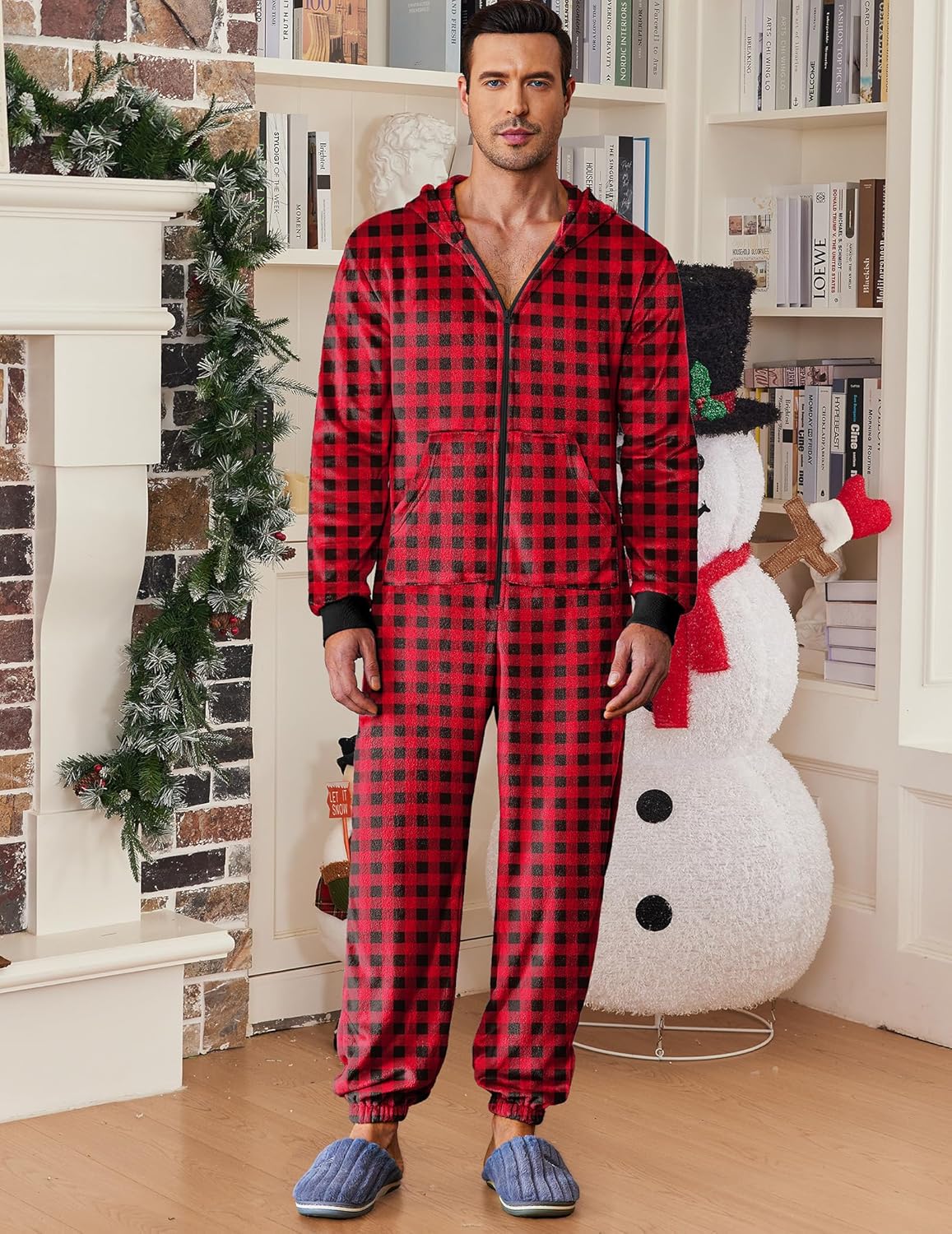 Herren Fleece-Onesie mit Kapuze, rotes Karomuster, durchgehender Reißverschluss