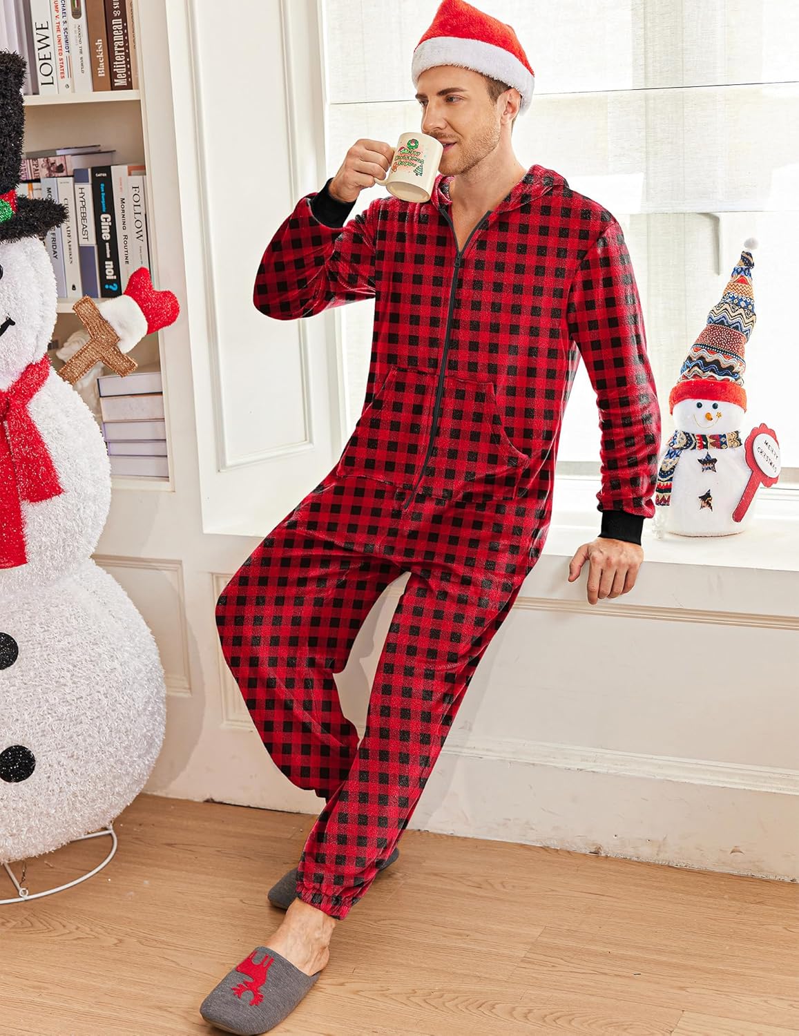 Herren Fleece-Onesie, rotes Karomuster, Kapuze mit Kordel, lockere Passform