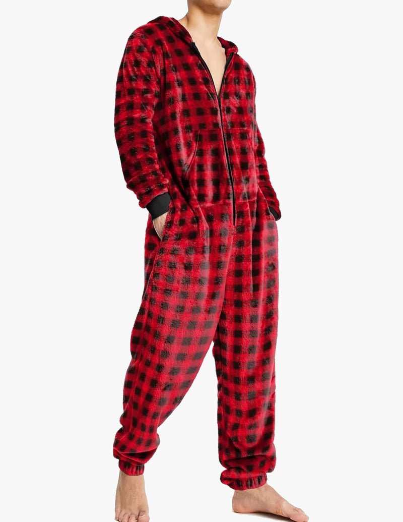 Men’s red plaid fleece onesie pajama with hood, zip front, allover checker print