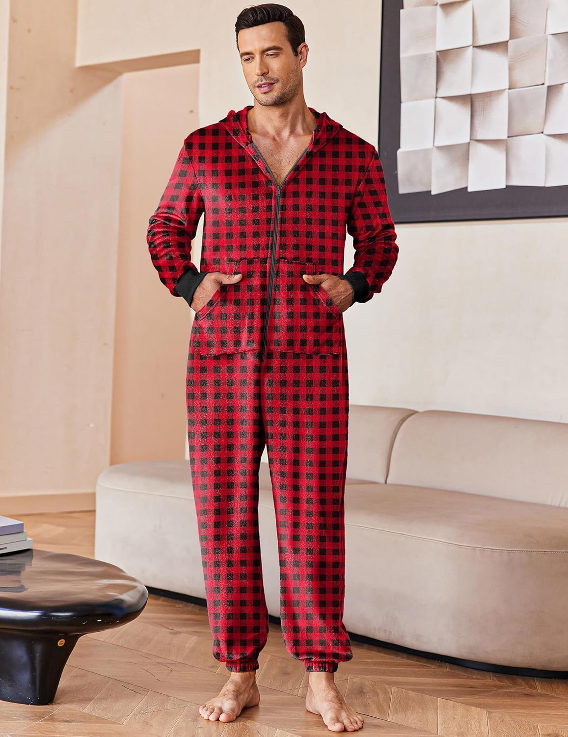 Men’s red plaid hooded fleece onesie pajama, zip front, long sleeves and ankle cuffs