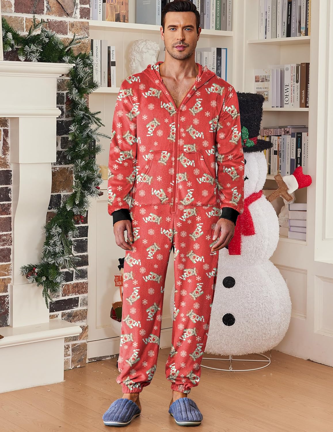Men’s Reindeer Red fleece onesie pajama with hood, zip-up front and allover reindeer print