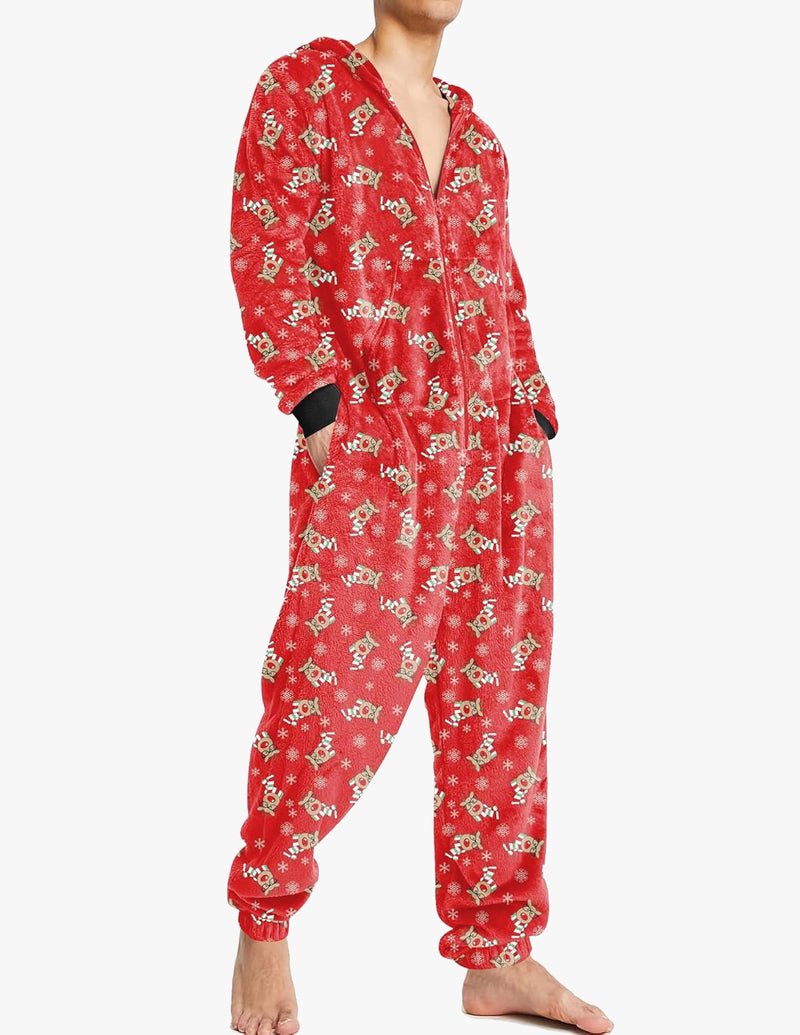 Men’s reindeer fleece onesie hoodie pajama in Reindeer Red, full-body print, zip front