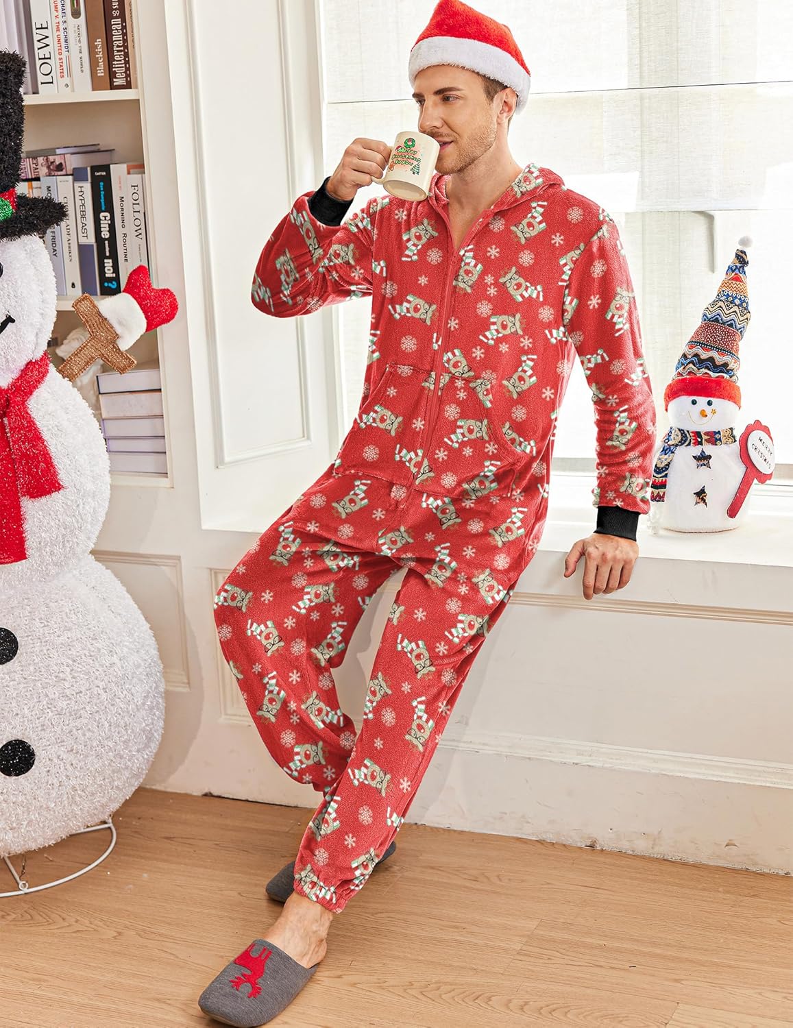 Men’s Reindeer Red fleece onesie hoodie pajama, hood with zip front, festive allover print