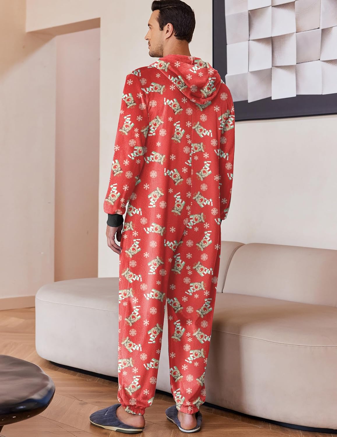Men’s Reindeer Red hooded fleece onesie pajama, back view, zip front
