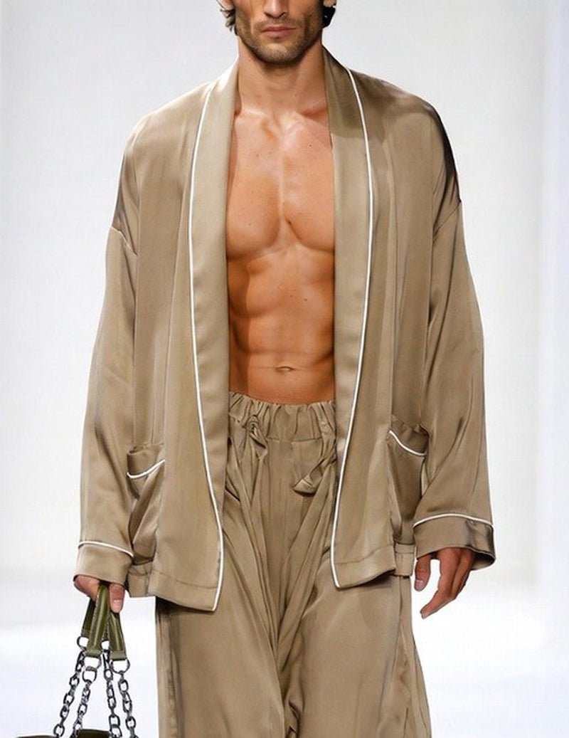 Men's khaki open-front kimono robe over wide-leg lounge pants, contrast piping
