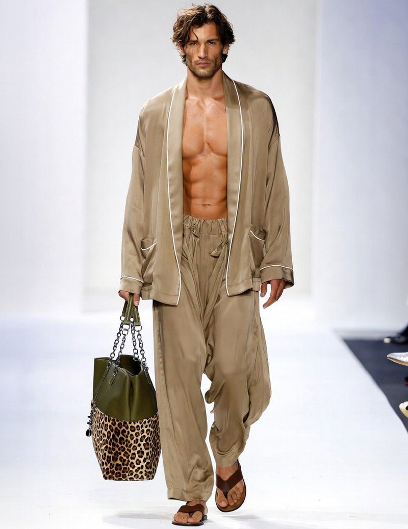 Men's khaki open-front kimono robe with wide-leg lounge pants, piped trim